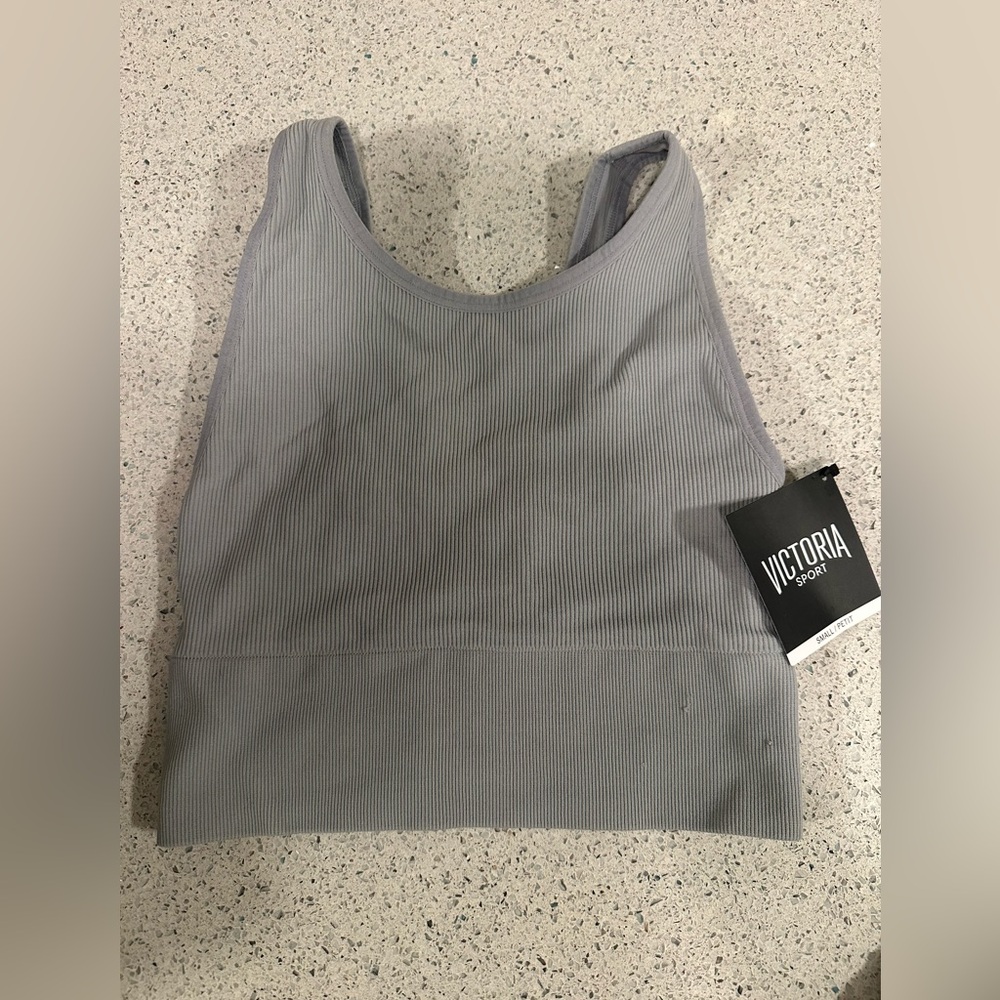 Gray Ribbed Long Line Crop Top Sports Bra Small